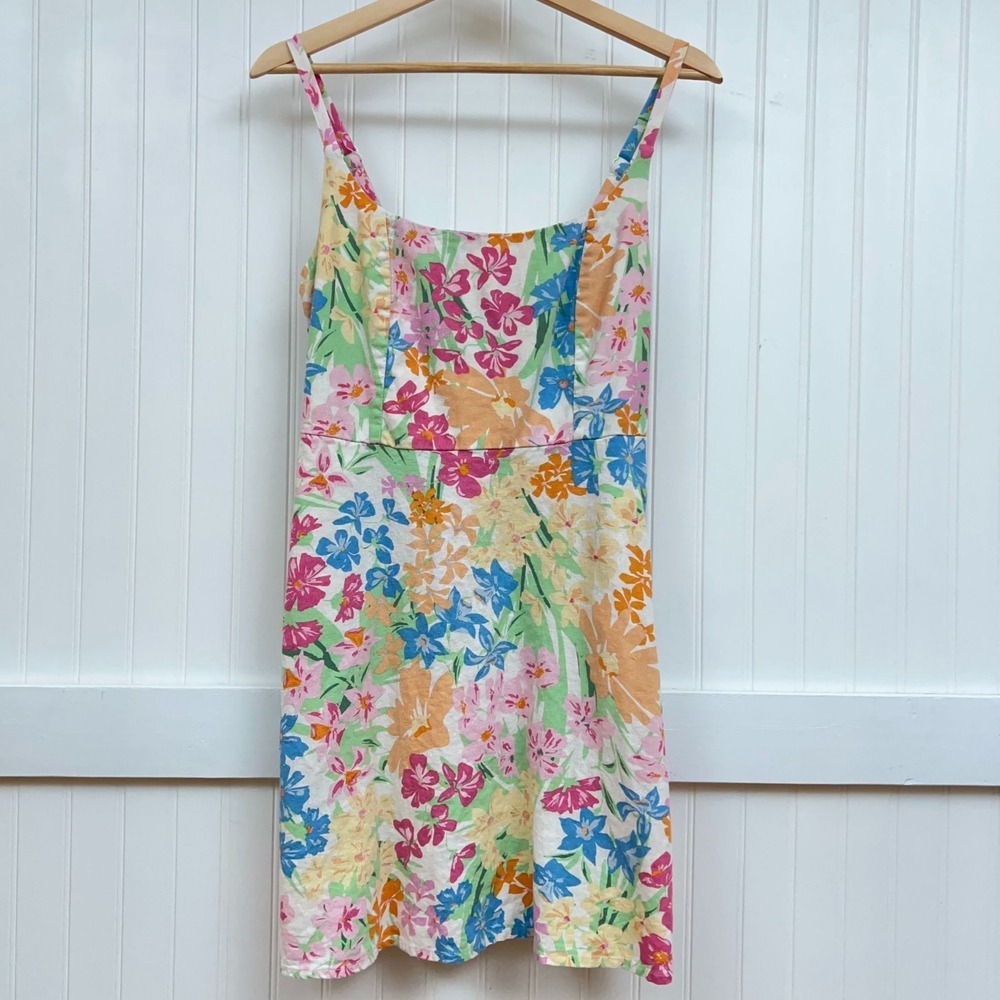 Old Navy Floral Mini Sundress Linen Pastel Cottagecore Beachy Summer Wmns M